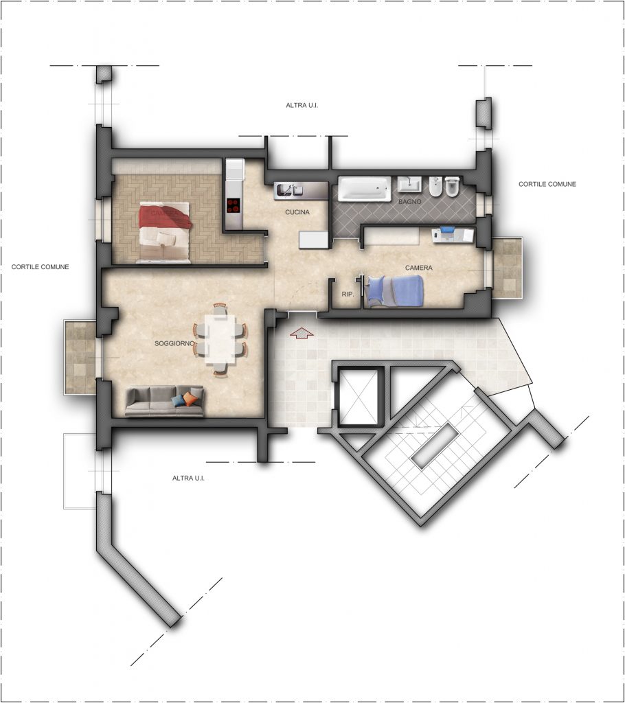 progetto finito. Gli Architetti di Auria, hanno realizzato questo progetto al fine di trasformare un bilocale in trilocale, massimizzando ogni angolo dell'immobile.