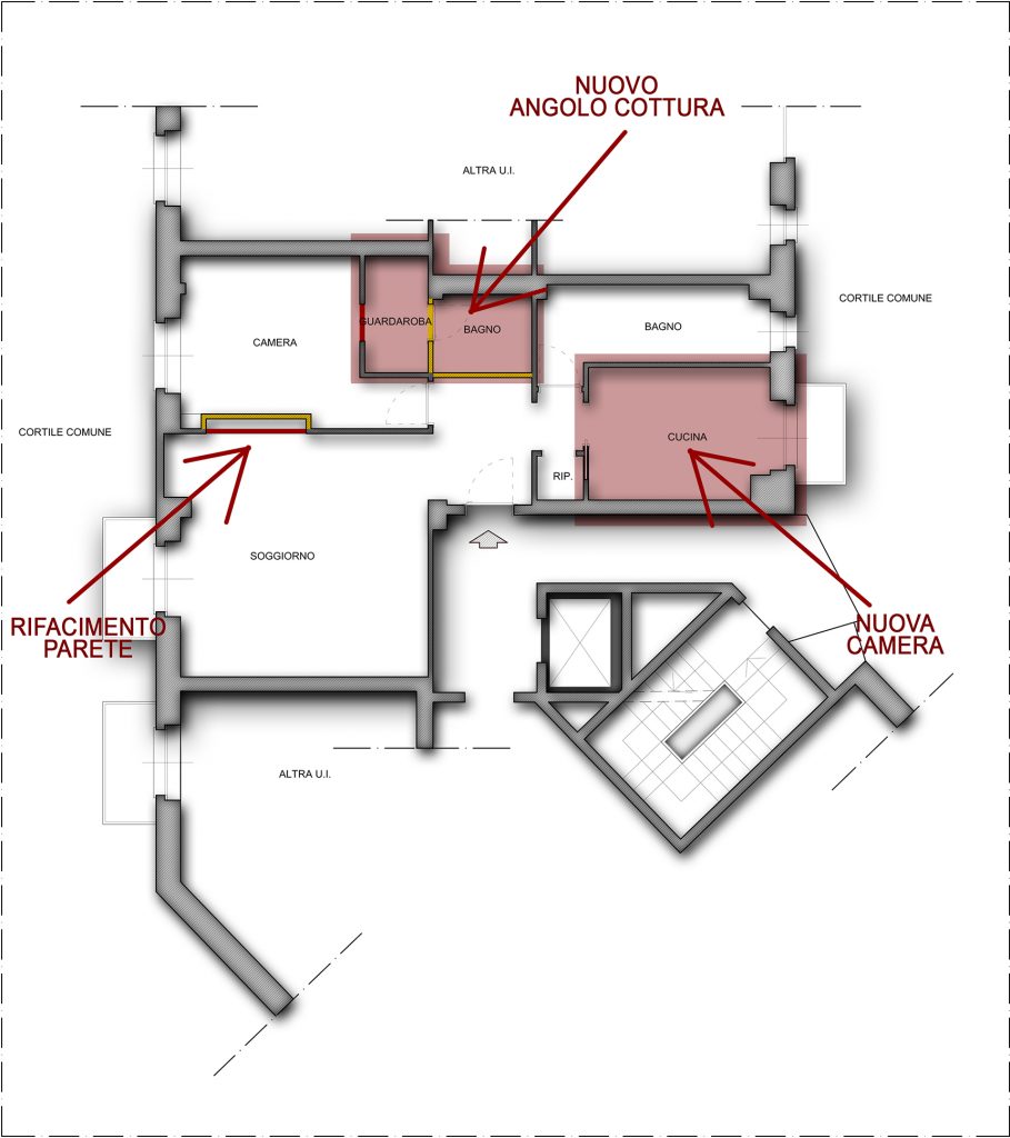 Stato di Fatto modificato per progetto. Gli Architetti di Auria, hanno realizzato questo progetto al fine di trasformare un bilocale in trilocale, massimizzando ogni angolo dell'immobile.
